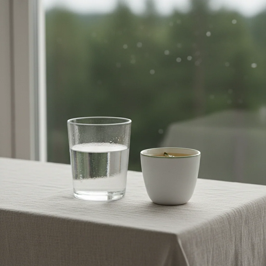 Glas water en een keramisch kommetje op een lichte keukentafel bij ochtendlicht als illustratie van de dagelijkse inname van Kirona Endurance Matrix