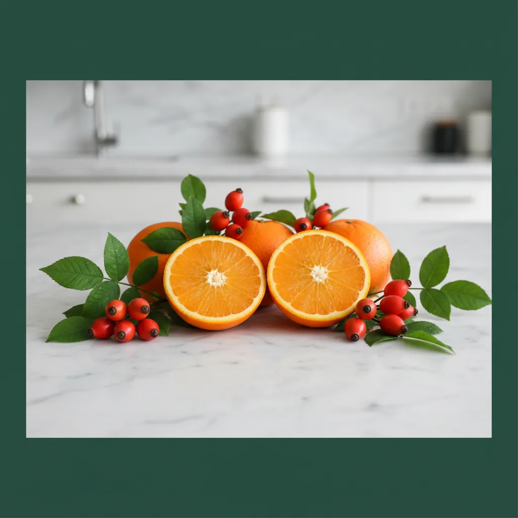 Verse citrusvruchten en rozenbottels op een licht stenen oppervlak als illustratie van vitamine C in Kirona Endurance Matrix
