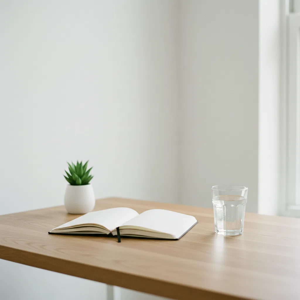 Rustige werkplek met notitieboek, een plant en een glas water op een licht houten bureau als illustratie van de aanpak van Mr. Puripat Sawaddeemongkol